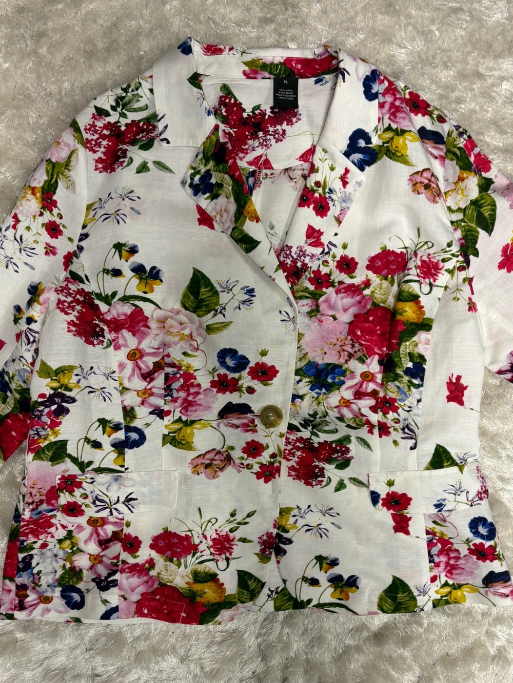 Floral Button-Front Linen Jacket White w/ colorful flowers: Women’s Petite Large